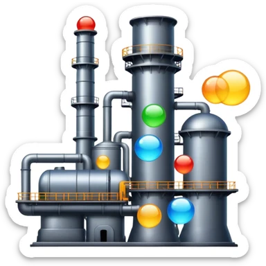 An emoji of a factory, but instead of smoke, creative ideas are coming out as glowing bubbles. sticker