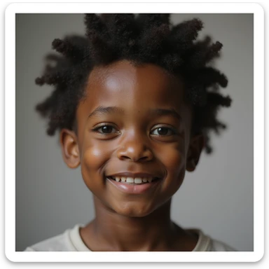 a young black boy, realistic, gentle smile, natural skin tone, lifelike details, detailed face sticker