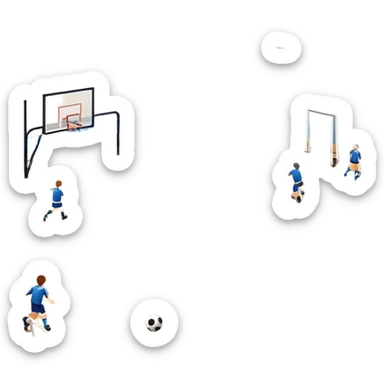 A mini-football match in an indoor sports hall with a wooden floor and clear court markings. The scene captures players in action, with the ball moving towards the goal, and the surrounding bleachers and overhead lights adding to the atmosphere of a competitive game. sticker