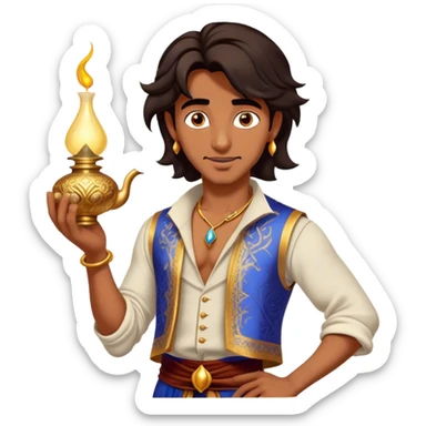 Cinematic Realistic Aladdin Portrait, depicted with lifelike, warm skin textures and a confident yet approachable gaze. His dark, wind-tousled hair frames expressive eyes full of adventure and kindness. Dressed in his iconic vest and loose trousers with intricate detailing, he holds a subtle glimmer of a magic lamp, all rendered under soft natural lighting with a radiant glow that captures his resourceful spirit. sticker