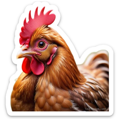 Cinematic Cute Brown Chicken Portrait Emoji, Head tilted playfully and inquisitively, featuring a lustrous brown feathered coat with a natural sheen and a subtle red comb, round, sparkling beady eyes filled with curiosity, Simplified yet irresistibly adorable features, highly detailed, glowing with a warm, friendly glow, high shine, affectionate and lively, stylized with a touch of country charm, bright and endearing, soft glowing outline, capturing the essence of a mischievous yet loving chicken, so playful it feels like it could peck out of the screen and into your arms! sticker