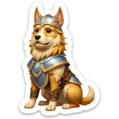 valorous Viking dog in Valhalla, detailed armor, heroic pose, glowing sky sticker