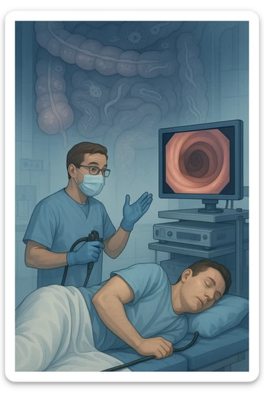 A medical cinematic illustration showing a patient undergoing a colonoscopy in a modern clinical setting. On the monitor, the endoscopic camera shows smooth, healthy-looking intestinal mucosa — clean and without evidentiary signs. But layered symbolically in the background (or faded into the intestinal wall), tiny parasitic organisms like protozoa and helminths are subtly depicted hiding between folds, or embedded deeper in tissues, undetectable by the surface-only scope. The doctor gestures with confidence, while the patient remains unaware that the test might not reveal the true underlying infection. The scene has cool clinical lighting, shallow depth of field, and realistic anatomy, overlaid with symbolic, almost ghost-like imagery of parasites sticker