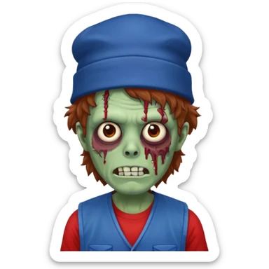 brown fluffy hair zombie with blue and white hat dark blue jilet red t shirt sticker