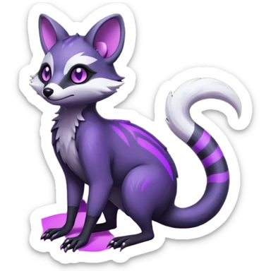 Obsidian-onyx-black and glowing neon-purple, shiny blind eyes, magical fantasy-Genet-Sentret-Marsupial-Possum-Vernid-Sergal-Fakémon-hybrid, by LiLaiRa-griffsnuff, full body sticker