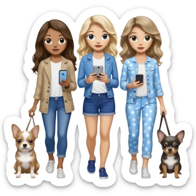 Three pretty women in cute summer clothes holding iPhone, hazel eyed light skin with dark blonde long hair and light skin hazel eyed long wavy dark hair, blue eyed light skin long blonde hair walking 2 dogs,blue and gray spotted Merle Frenchie, black and tan chihuahua  sticker