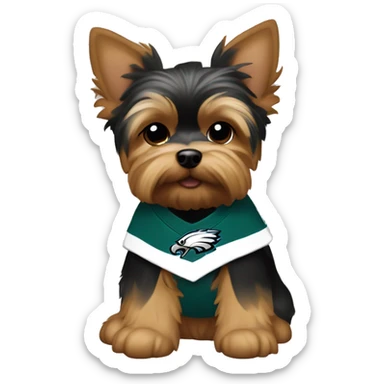 brown and white mostly white puppy yorkie with eagles jersey sticker