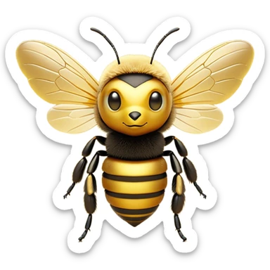 Cinematic Noble Bee Portrait Emoji, Poised and industrious, with a compact, fuzzy body in golden-yellow hues, delicate translucent wings, and a focused, determined expression with sparkling eyes, Simplified yet sharp and sophisticated features, highly detailed, glowing with a soft, sunny radiance, high shine, intelligent and diligent, stylized with an air of natural elegance, focused and alert, soft glowing outline, capturing the essence of a watchful bee that appears ready to buzz out of the screen with effortless authority! sticker