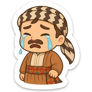 Create a chibi Kurdish cartoon sticker based on the reference image, showing a crying (sad) expression, with a transparent background. sticker