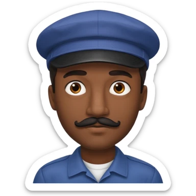 A dark-skinned man with a cap, brown eyes, and a thin black mustache. sticker