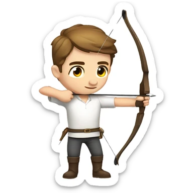 a male archer aiming with a bow facing  his target, eyes closed, wearing a white shirt, very short brown hair, bright skin sticker