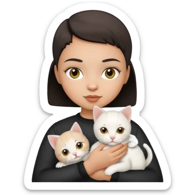 HAZEL EYES , BLACK BUZZ CUT LIGHT SKIN ROUND FACE GIRL hold kitten white  sticker