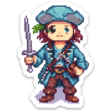 A pirate with an iron in hand, pixel art style, retro gaming aesthetic, limited color palette. sticker