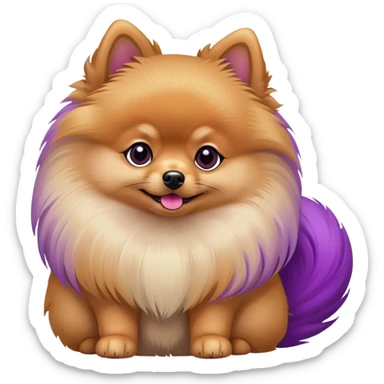 Tan Pomeranian dog standing with a purple tail with a red tip sticker