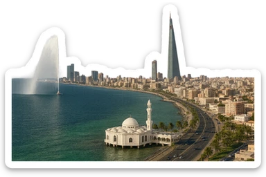 Remove any label text from the Jeddah emoji, keeping everything else exactly the same: wide city view with King Fahd Fountain, Jeddah Tower, Corniche Mosque, lifelike detail, accurate colors, bright daytime lighting, fully transparent background, no sky, no clouds. Do not change anything else. sticker