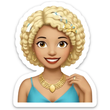 Black woman with short black afro hair, blonde hair clip, thin necklace, about 30 years old, big smile, event manager vibe sticker