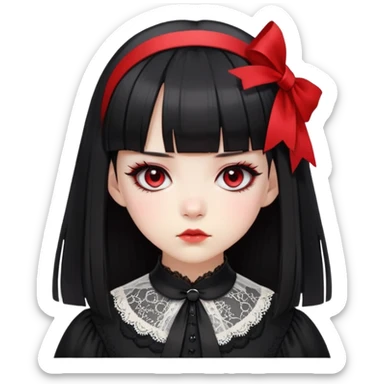 Cute East Asian girl, pale skin, straight bangs, black inward bob. Wearing gothic dress with lace collar, red eyeshadow, black ribbon headband, serious expression sticker