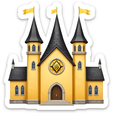 simple magic school, white background, magic school, black roof, with a big flag, big flag on a roof, big yellow flag, white school sticker