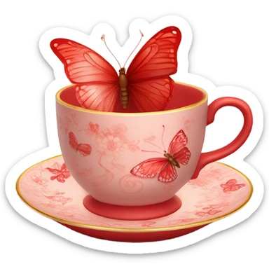 A delicate red butterfly with pastel red wings, resting on the edge of a light red porcelain teacup adorned with intricate floral patterns. sticker