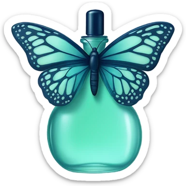  pastel green butterfly resting on an elegant blue perfume bottle with fork dark blue details. sticker