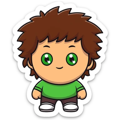 Johnny with brown semi-fluffy hair, one green eye and one brown eye sticker