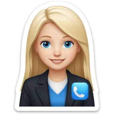 A white girl with long straight blonde hair, blue eyes and a white dress with a smiling black jacket sticker