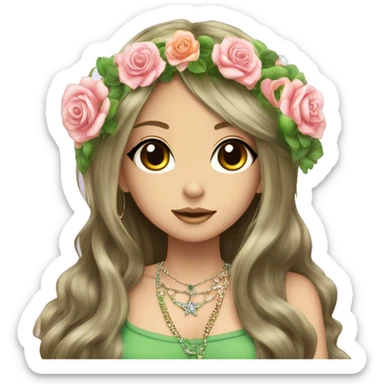 hime gyaru girl, hippie, long brunette hair with roses in hair, crystal jewelry, green top, peace sign hand logo sticker