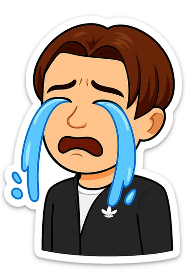 Edit the second image so that the figure is crying as intensely as in the second image, but keep the face and shirt of the figure from the first image. The background should remain transparent. The style should match the original images' style as closely as possible. sticker