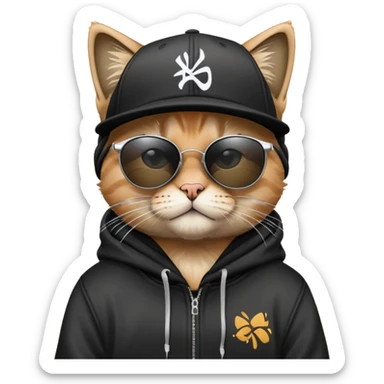 cat wearing a black snapback cap, black hoodie, and black sunglasses low on his nose that he is peering over, doing graffiti art with spray paint, street art style sticker