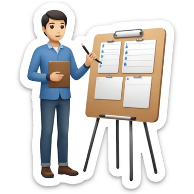 Minimalistic flat vector icon, iOS style, thin black contour on white background. Person silhouette with a project board (kanban/task board) behind. No text, no shadows.
 sticker