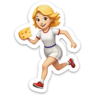 Girl running with cheese sticker
