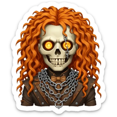 steam-punk Megadeth - iconic corpse made of rusty metal with chains on its teeth, huge curly orange hair sticker