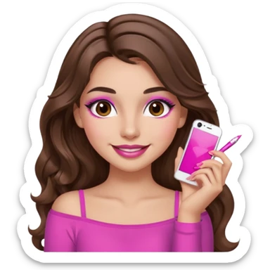 girl with long wavy brown hair, brown eyes, long lashes makeup, sexy pink lips, light to medium complexion, pink sexy top, smiling, hand by the cheek sticker