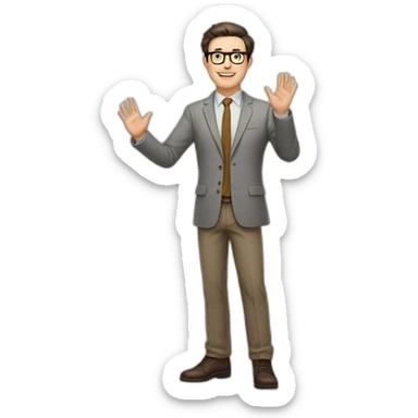Full height Actively gesturing with hands Pale skinned fit man with dark brown hair in gray jacket, beige office shirt, brown tie, brown pants and vintage glasses. sticker