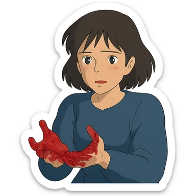 ghibli style illustration of a woman with blood on her hands sticker
