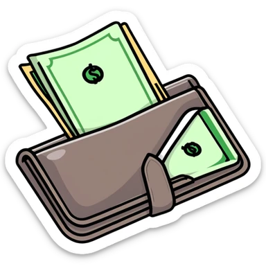 black leather wallet open with dollar bills inside and a small analog clock in top right corner floating above the wallet sticker