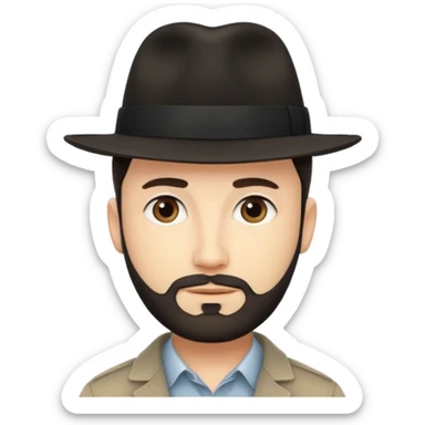 A light-skinned man with short dark hair, thin straight beard, and a black fedora, with an oval face and calm look. sticker