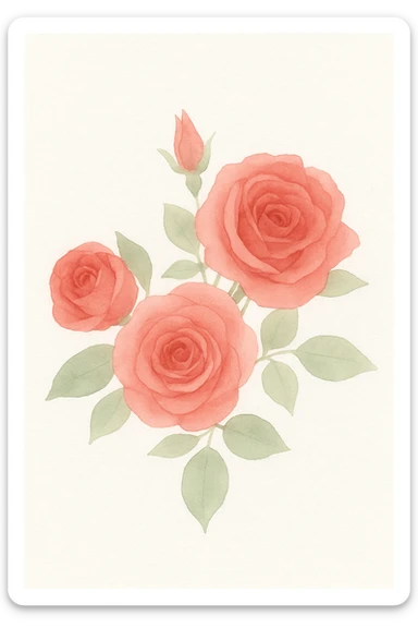 3D iOS watercolor style illustration of a bouquet of red roses with green leaves, delicate watercolor texture, soft glossy look, smooth shading, no background, square format. sticker