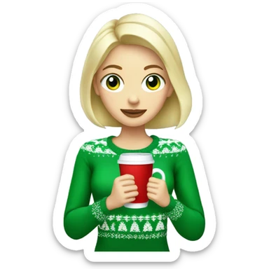 Short haired blonde girl with green eyes drinking coffee wearing Christmas sweater sticker