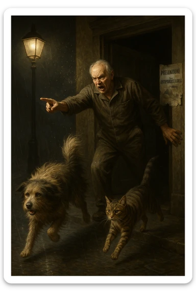 Un uomo anziano in tuta da lavoro, con espressione arrabbiata, butta fuori i suoi animali con aperta la porta di casa mentre il suo cane (un meticcio a pelo lungo) e il gatto (soriano) scappano nella strada buia sotto la pioggia. Particelle di polvere/pulci fluttuano nell'aria illuminata dal lampione. Sullo sfondo, un poster strappato del veterinario con scritto 'Prevenzione antiparassitaria'. Stile fotorealistico, illuminazione Caravaggesca, toni grigi e ocra. in italiano sticker