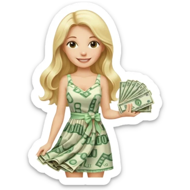 rich long hair blonde australian millionare woman holding a lot of money wearing cute summer dress sticker