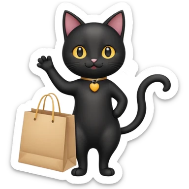 A cute black cat standing on two legs, happily running while holding a shopping bag. Minimalist emoji style, clean vector look, soft colors, rounded shapes, and expressive face sticker