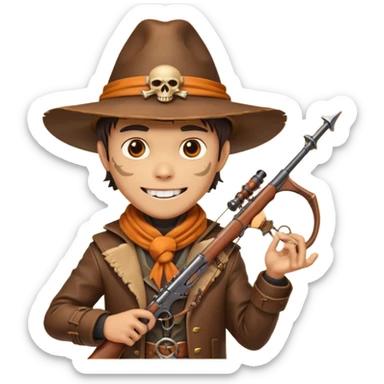male human monster hunter emoji, wearing brown leather coat and wide hat, holding crossbow or rifle, with amulet shaped like skull, Halloween fantasy theme, confident smile, orange scarf, Apple emoji style, clean white background, square image sticker