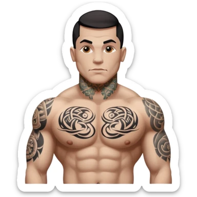 tattoo man, white skintone, more highlight the tattoo, body builder, heavy tattoos on fully chest, more tattoos on the body, more visible tattoo, big tattoos, tattoos on face. sticker