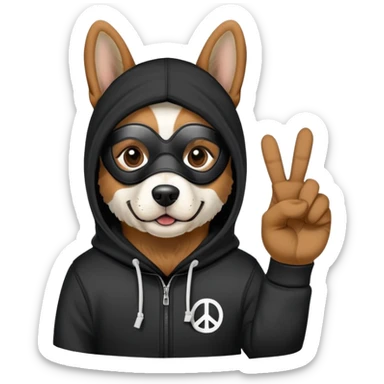 dog wearing a ski mask and a black hoodie with the peace sign  sticker