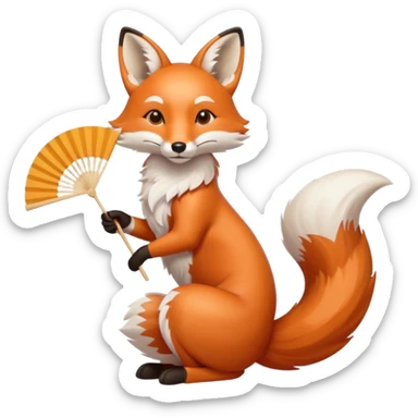 A fox holding a folding fan elegantly, tail curled with graceful calm. sticker