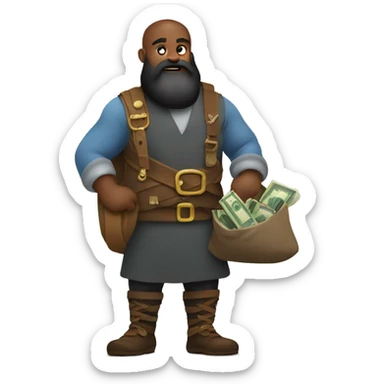 Viking black beard carrying overloaded bag with money sticker