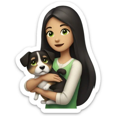 a girl with green eyes and dark hair holds a Shibu Inu dog in her hands sticker