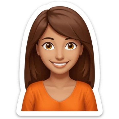 30 yr old middle eastern woman straight brown hair side bangs big smile tanned skin brown eyes orange dress long hair sticker