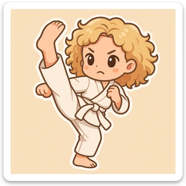 Full length shot of a blonde curly haired woman doing a karate kick, cartoon emoji style with a simple background, in chibi stickers style. sticker